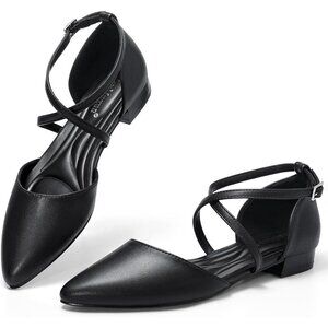 🆕Women's Black-1 Pointed Toe With Adjustable Ankle Strap Dressy Slingback Flats